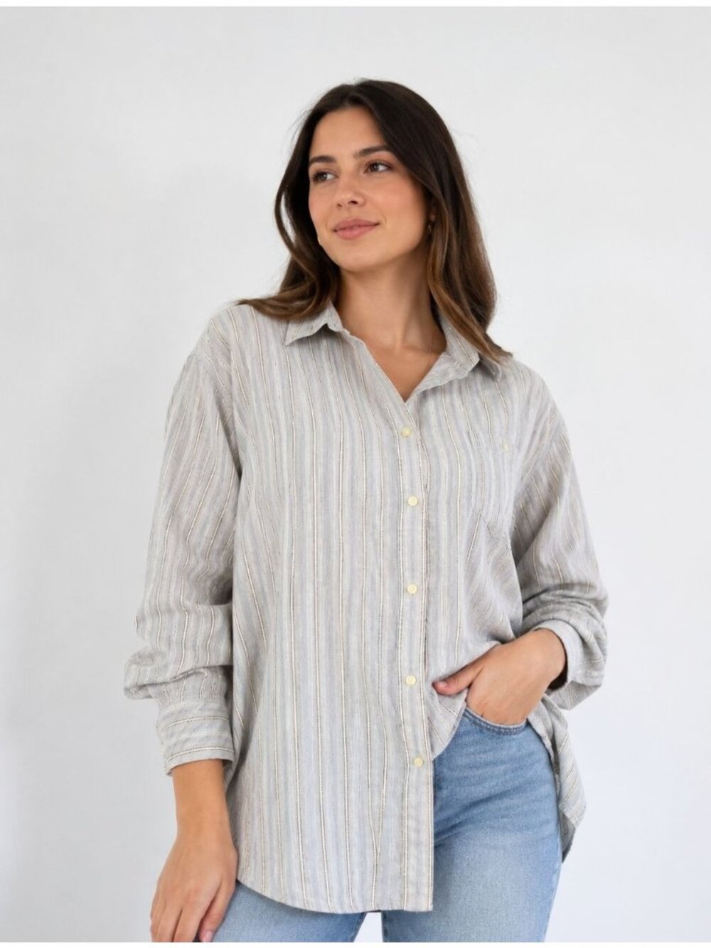 Lauren Ralph Lauren Womens Striped Button-Up Shirt XL 100% Cotton Blue/Beige